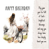 Card - Happy Birthday May your year be full -  Lady with Bike 